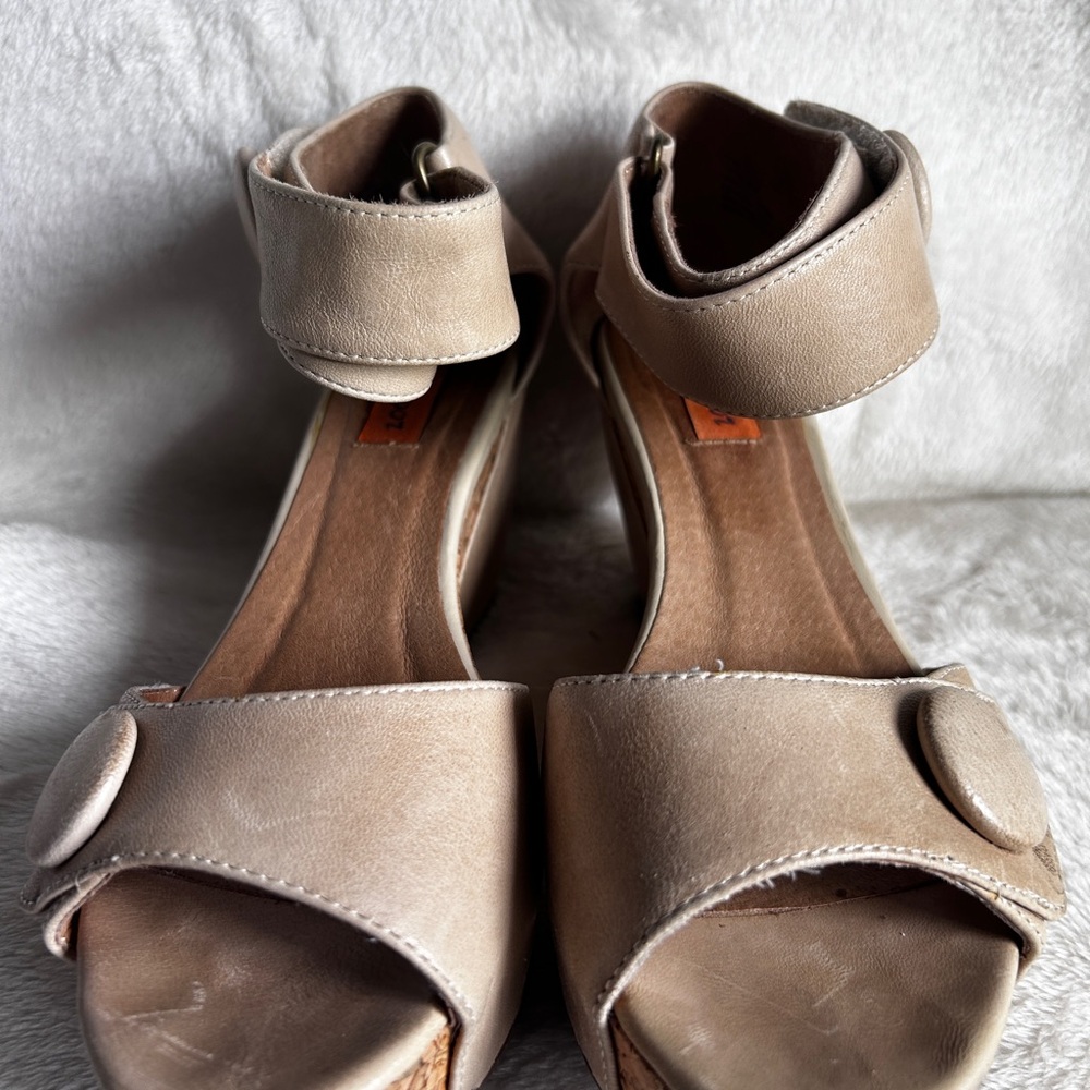 Miz Mooz Metallic Taupe Wedge Sandals with Button Accents - Picture 2 of 9